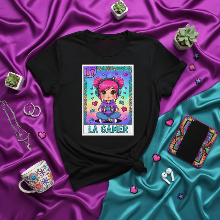 Camiseta Lotería Card Kawaii para Jugadora - Chica Gamer con Cabello Rosa y Control - Estilo Bingo Mexicano - Regalo Estético Unisex para Gamers