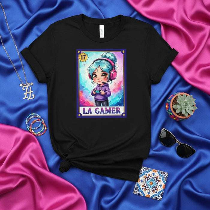 LA GAMER Camiseta de Lotería Chica Chibi Gamer, Playera Unisex de Consola de Videojuegos y Control para Mujeres y Adolescentes, Idea de Regalo de Ropa Estilo Bingo Mexicano