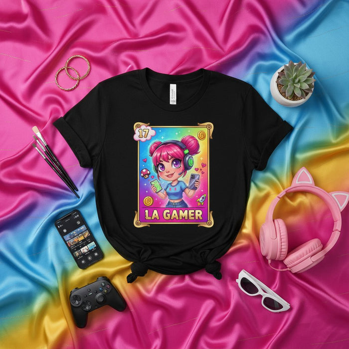 Title: La camiseta unisex de carta de Lotería de chica gamer Kawaii Cute - Diseño de bingo mexicano con temática de videojuegos para mujeres y hombres