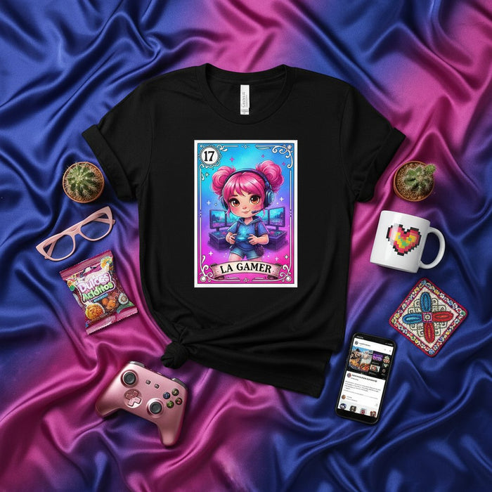 Camiseta Lotería Gamer Egirl Pelo Rosa, Estilo Bingo Mexicano, Camisa Arte Jugadora de Videojuegos Unisex, Regalo para Chica Gamer