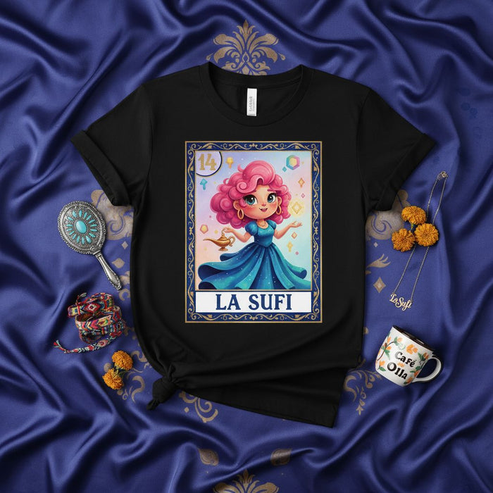 LA SUFI Cute Cartoon Fortune Teller Loteria Card T-Shirt Unisex Graphic Tee, Trendy Mystical Design, Latina Inspired Gift Idea