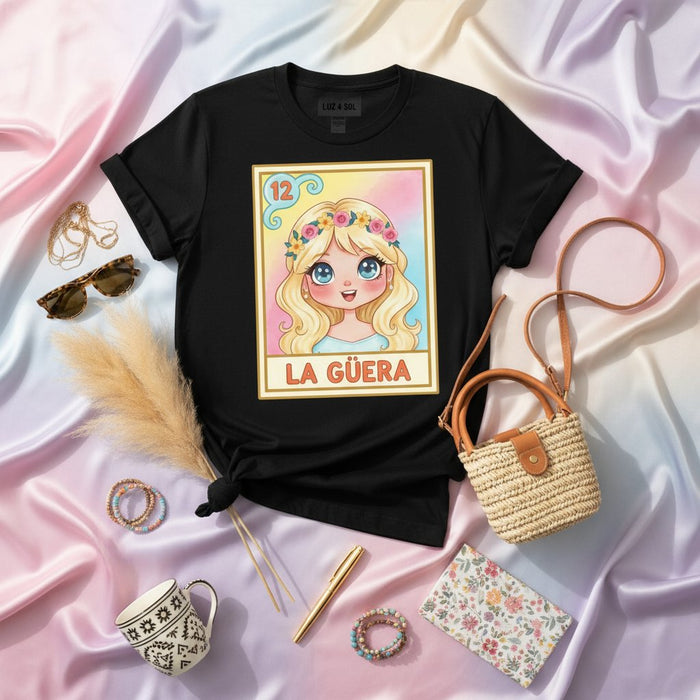 LA GÜERA La Lotería Card 12 Cute Blonde Girl Flower Crown Graphic Unisex T-Shirt - Mexican Bingo Game Art Tee for Women & Men, Pastel Colors Print