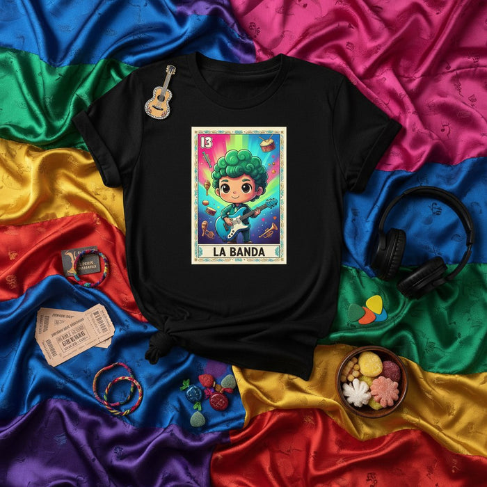 LA BANDA Loteria Card Musician T-Shirt - Cute Green Haired Boy Playing Electric Guitar Graphic Tee - Unisex Apparel with Mexican Bingo Game Art Style - Colorful Design for Music Lovers and Fans of Gaming Culture