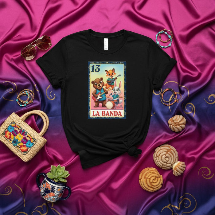 Tarjeta de Lotería LA BANDA, Diseño de Bingo Mexicano Número 13, Camiseta Gráfica de Banda de Animales Oso Zorro Conejo, Regalo Unisex para Jugadores de Lotería