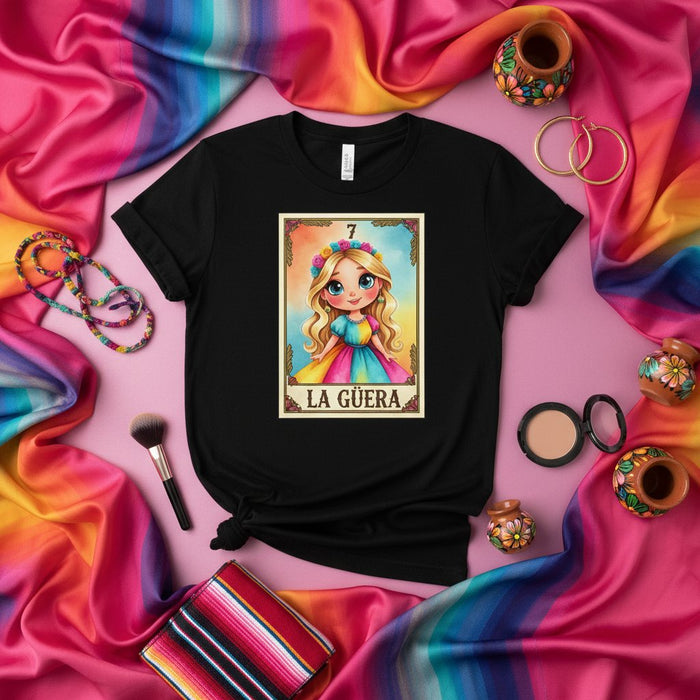 La Güera Camiseta de Lotería de Chica Rubia, Arte de Juego de Bingo Mexicano, Vestido Arcoíris Brillante, Camisa Gráfica Unisex, Top de Estilo Estético