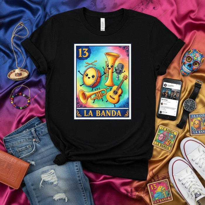 Camiseta de Carta de Lotería de Dibujos Animados Lindos LA BANDA - Instrumentos Musicales Batería Trompeta Guitarra Micrófono - Estilo Carta de Bingo Mexicano - Ropa Unisex para Amantes de la Música y Fiestas