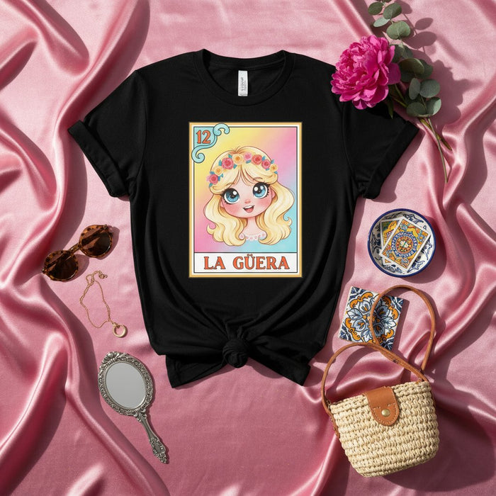 La Güera Camiseta con Diseño de Lotería, Arte de Bingo Mexicano, Corona Floral, Camiseta Gráfica Negra Unisex, Diseño Número 12