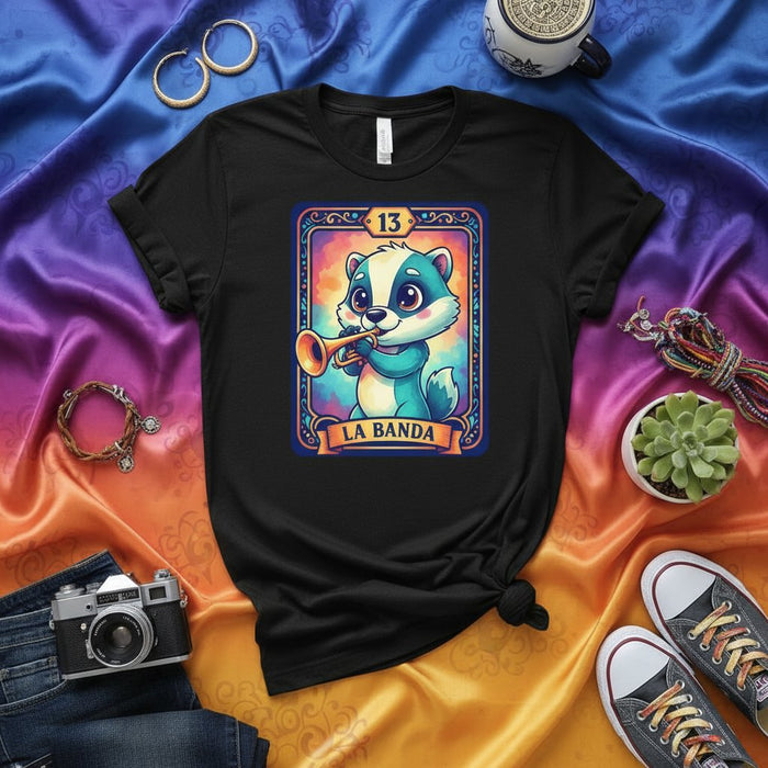 Camiseta Negra Unisex de Gráfico de Carta La Lotería de Mapache Tocando Trompeta LA BANDA, Diseño Lindo de Tejón de Dibujos Animados Tocando Instrumento de Viento, Estilo Bingo Mexicano Número 13