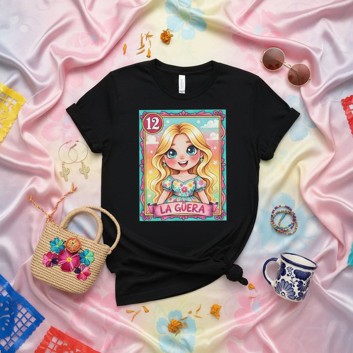LA GÜERA La Lotería Card 12 Unisex T-Shirt, Cute Blonde Girl Graphic Tee, Mexican Bingo Inspired Design, Colorful Folk Art Style Top for Women and Men