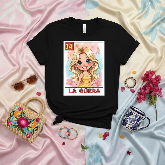 La Güera Lotería Tarjeta Camiseta: Chica Rubia con Flores, Gráfico Unisex Inspirado en el Juego de Bingo Mexicano, Número 14 La Güera, Regalo Estilo Latino