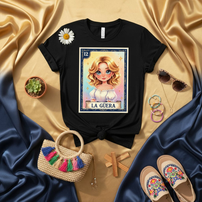 La Güera Camiseta con Tarjeta de Lotería 12, Estampado Artístico de Mujer Rubia, Ropa Inspirada en el Bingo Mexicano, Camisa Gráfica Novedosa, Idea de Regalo Unisex