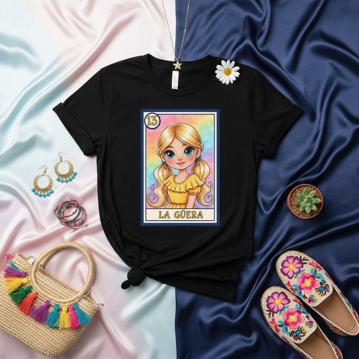 Camiseta Carta de Lotería LA GÜERA, Diseño de Niña Rubia Linda Bingo Mexicano, Gráfico Estética Arcoíris, Regalo Cultura Hispana, Camiseta Negra Unisex