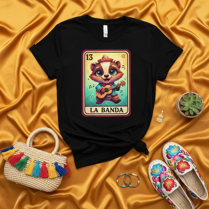 Camiseta Mapache Tarjeta Lotería LA BANDA, Gráfico Lindo Juego Bingo Mexicano, Camisa Unisex Animal Kawaii Guitarra Mariachi Sombrero