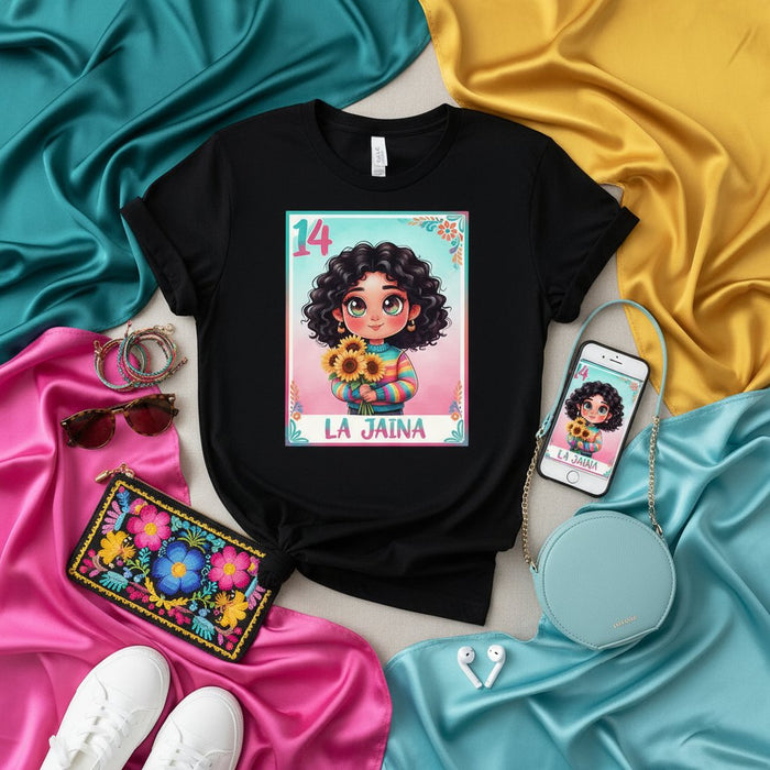 La Jaina Camiseta Unisex con Gráfico de Carta de Lotería de Girasoles, Inspirada en la Cultura Hispana, La Dama Número 14, Regalo Estilo Retro