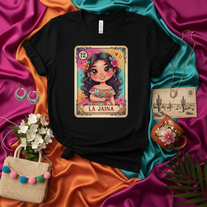La Jaina Lotería Tarjeta Camiseta Arte Chica Mexicana Lindo, Camisa Gráfica Novedad Mujer Negro, Diseño Inspirado Juego Tradicional, Idea Regalo Top Unisex