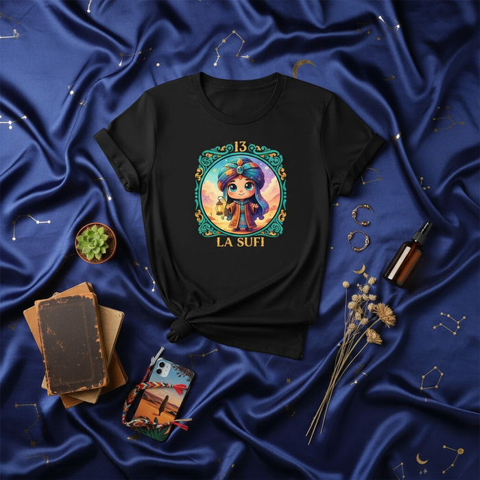 LA SUFI Unisex Loteria Card T-Shirt, Cute Cartoon Character, Islamic Mysticism Inspired Art, Magical Spiritual Design Tee, Number 13, Black Shirt Gift for Mystics and Seekers