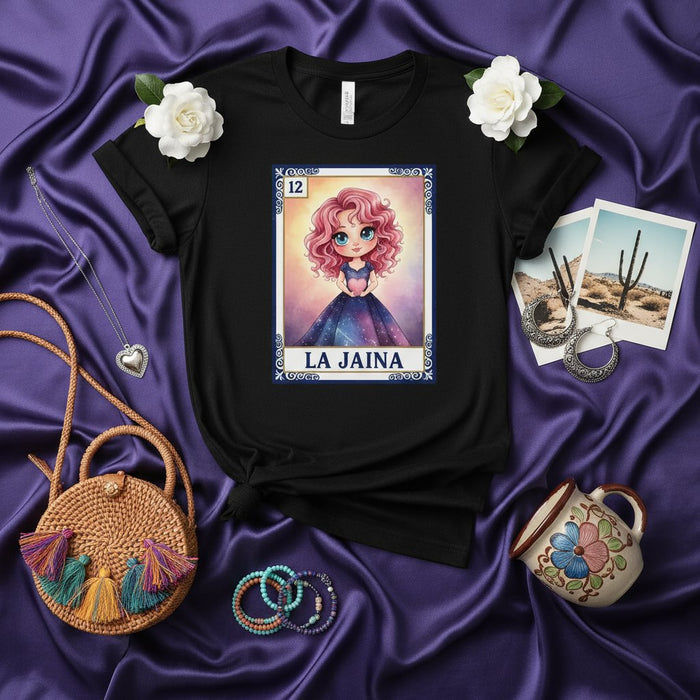 Tarjeta de Lotería Chica Chibi LA JAINA Camiseta, Diosa Hada Pelo Rosa Kawaii Gráfico, Regalo Ropa Arte Bingo Mexicano Unisex