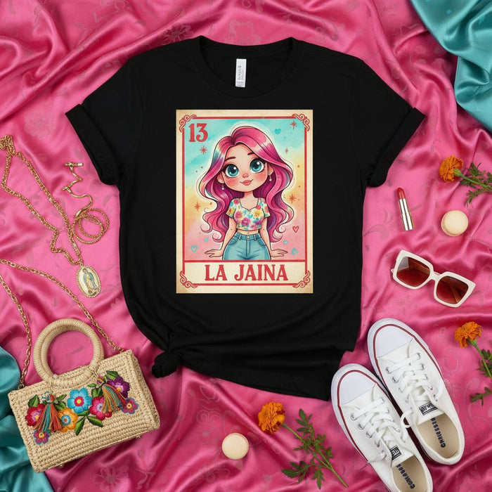 Camiseta Carta La Jaina Lotería, Gráfico Chica de Pelo Rosa, Inspirada en Bingo Mexicano, Top Estilo Unisex Casual