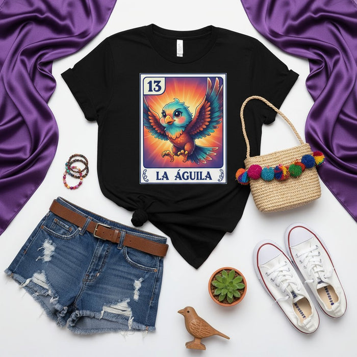 Camiseta Carta de Lotería LA ÁGUILA, Diseño de Mascota de Águila, Arte de Juego de Bingo Mexicano, Camiseta Gráfica Unisex, Número 13, Ropa Estilo Retro Vibrante