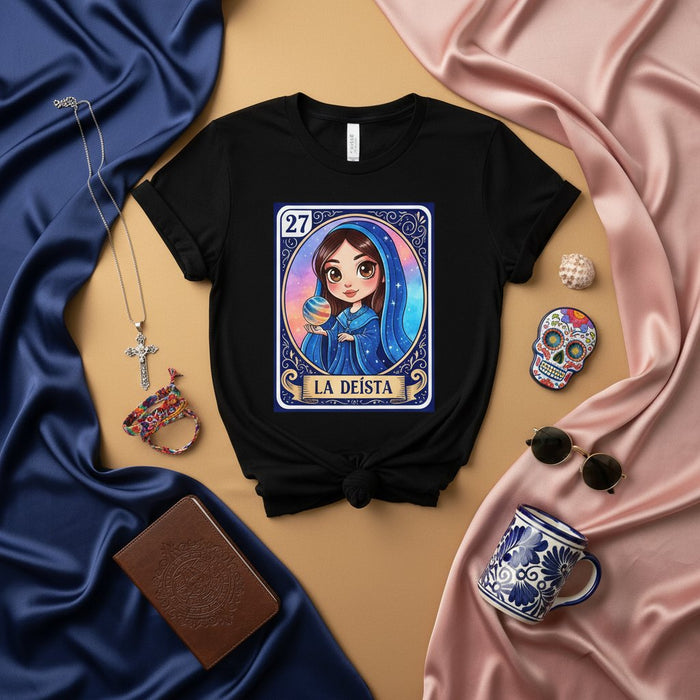 LA DEISTA Camiseta Tarjeta Lotería, Diseño Diosa Deísta, Estilo Arte Popular Religioso Latino Gráfico, Camiseta Inspirada en la Virgen María Juego Lotería Mexicana