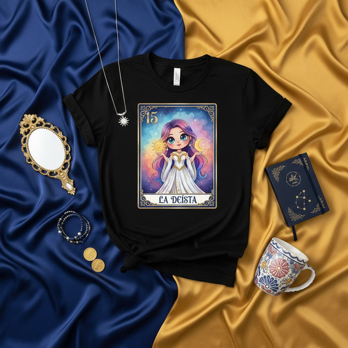 Sol Luna Diosa Celestial Camiseta de Carta de Lotería, Lindos Gráficos de Deidad Kawaii, Camisa Negra Unisex, Diseño Inspirado en la Lotería Mexicana