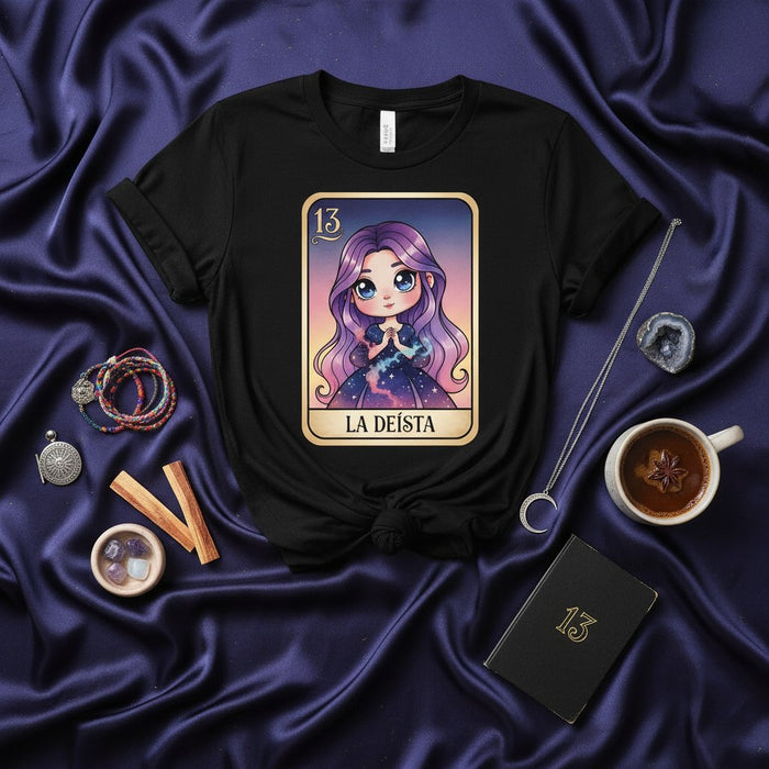 La Camiseta de Carta 13 de la Lotería LA DEÍSTA, Linda Diosa Deidad Cabello Púrpura Mística Cósmica Celestial Gráfico Kawaii, Regalo Camisa Espiritual de Bruja