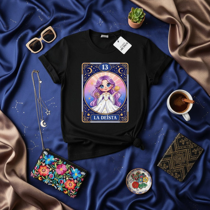 La Deísta Camiseta de Diosa Anime Chibi Linda, Mística Celestial Oculta Fortuna Tarot Juego Inspirado Unisex, Número 13 Ropa