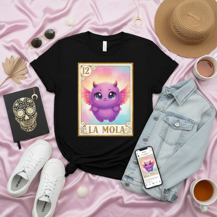 LA MOLA Cute Purple Fluffy Monster T-Shirt, Fantasy Creature Loteria Card Tee, Kawaii Cartoon Character Unisex Shirt, Adorable Mystical Angel Wings Graphic Top