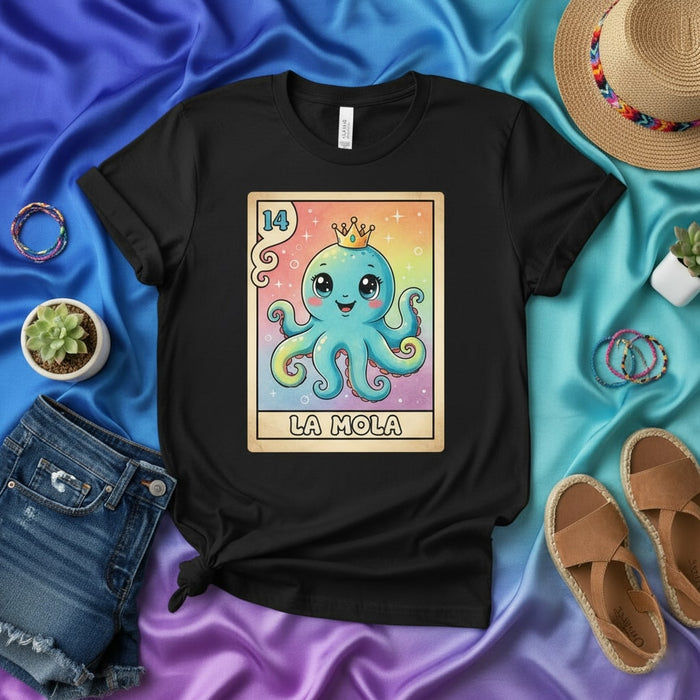 LA MOLA Cute Crowned Octopus Loteria Card T-Shirt Unisex Rainbow Sea Creature Graphic Tee Kawaii Ocean Animal Theme Merch Number 14