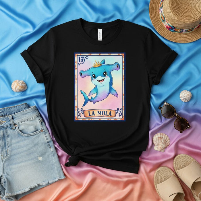 LA MOLA Cute Hammerhead Shark T-Shirt, Mexican Loteria Card Number 17 Tee, Funny Cartoon Sea Animal Graphic Unisex Shirt, Summer Beach Vacation Outfit