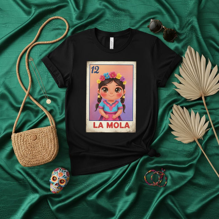 LA MOLA Cute Latina Loteria Card T-Shirt, Mexican Bingo Game La Niña Graphic Tee, Floral Headband Girl Dia de Muertos Folk Art Top, Traditional Culture Inspired Unisex Shirt