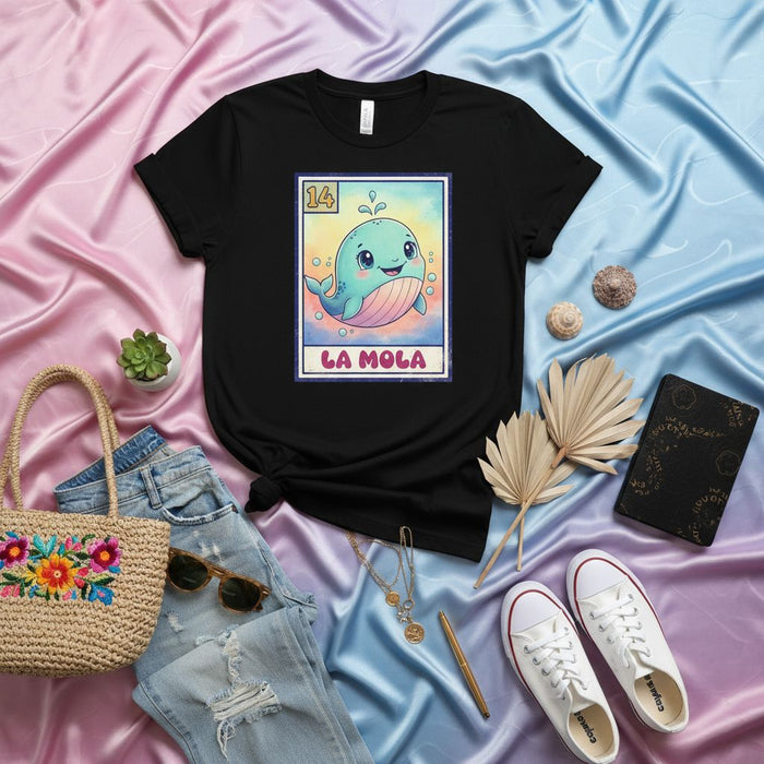 LA MOLA Cute Whale La Lotería Card T-Shirt Unisex Mexican Bingo Game Design Black Graphic Tee Number 14 Apparel