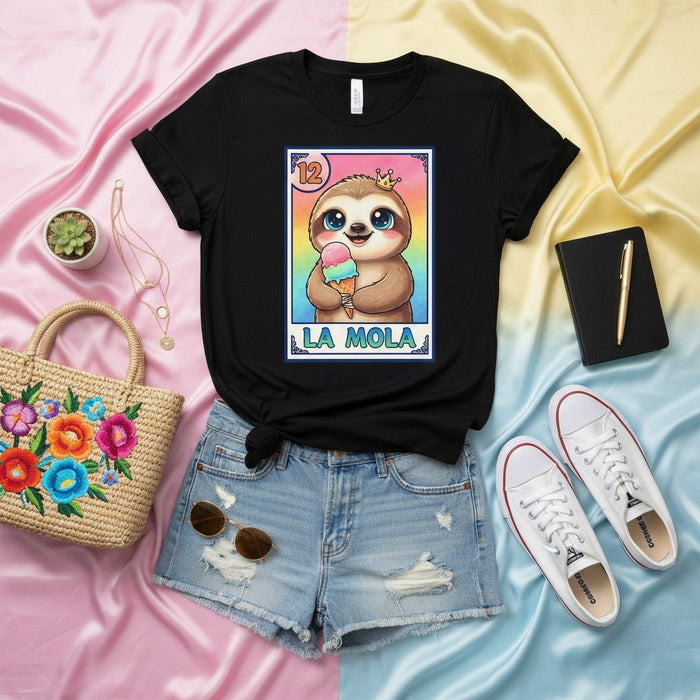 LA MOLA Cute Sloth Ice Cream La Lotería Card Tee, Funny Mexican Bingo Game Art Shirt, Unisex Graphic T-Shirt Gift for Sloth Lovers