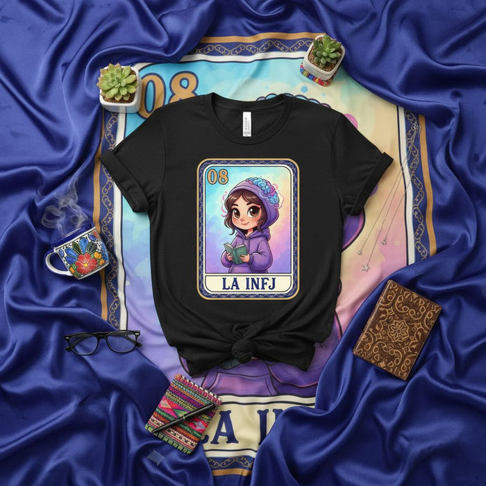 LA INFJ Lotería Card T-Shirt | Unique MBTI Personality Graphic Tee | Unisex Intuitive Empath Gift | Cozy Purple Hoodie Girl Reading Book Design Shirt