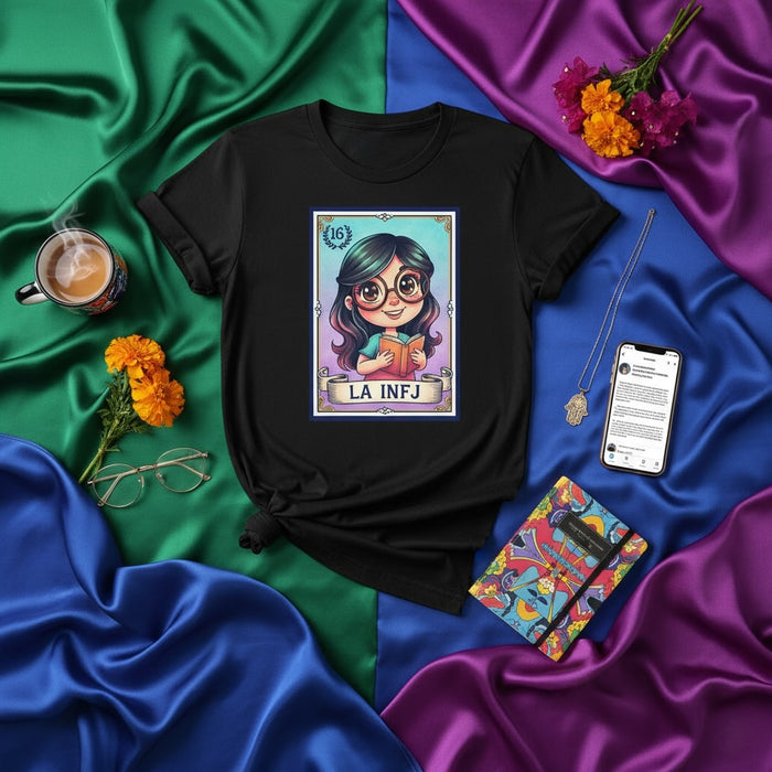 LA INFJ Lotería Card T-Shirt: Myers-Briggs Personality Shirt, Cute Anime-Style Girl Reading Book Tee, Unique Unisex Graphic Apparel Gift for Idealist Advocate