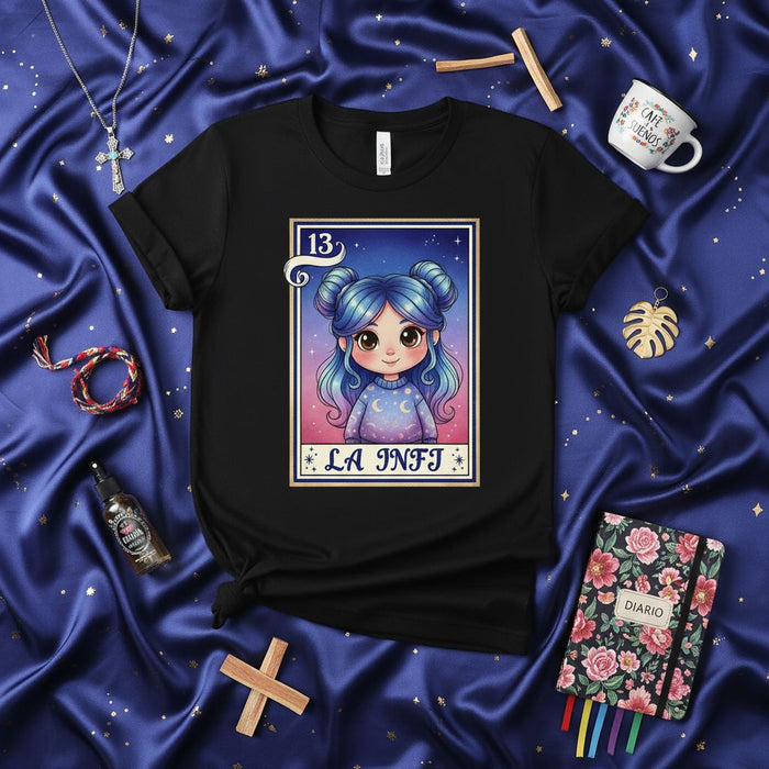 LA INFI Lotería Card T-Shirt, Cute INFJ Girl Zodiac Constellation Celestial Art Print, Black Unisex Graphic Tee, Aesthetic Mystical Tarot Style Shirt Gift