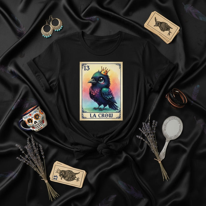 LA CROW Number 13 Lotería Card T-Shirt | Mystical Watercolor Raven with Crown Unisex Tee | Spooky Occult Tarot Style Graphic Black Shirt Gift
