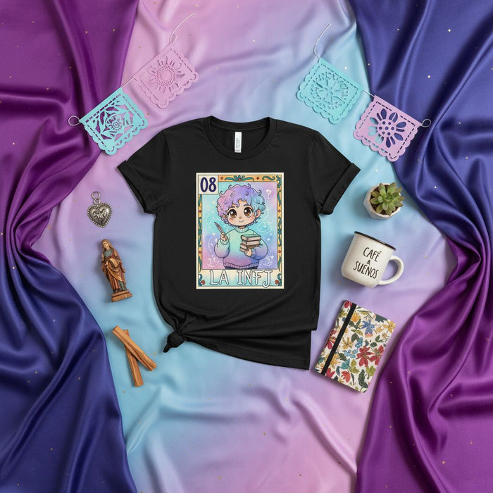 LA INFJ Unisex Black T-Shirt, Loteria Card Style, Watercolor Anime Character with Books, Number 08, Cute Soft Aesthetic Tee