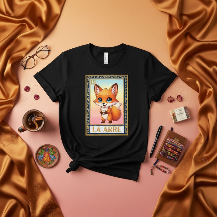 LA ARRE Fox Lotería Card T-Shirt Cute Cartoon Animal Graphic Tee Unisex Mexican Bingo Style Shirt with Number 13 Design