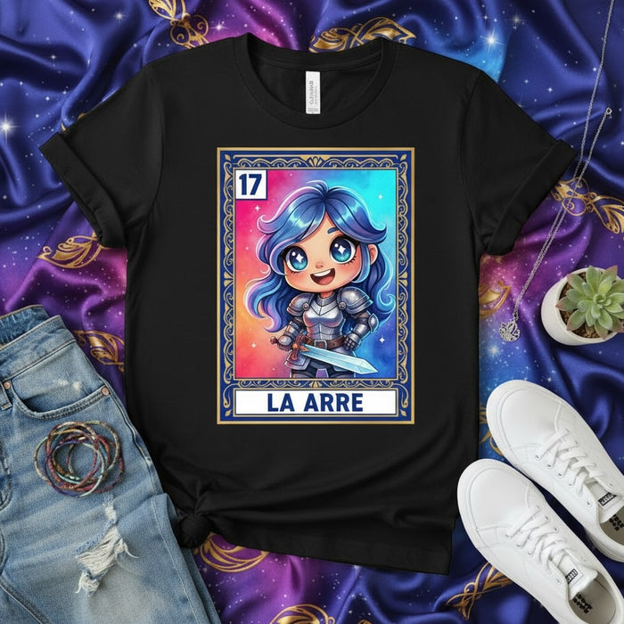 LA ARRE Cute Chibi Knight Woman Loteria Card T-Shirt, Fantasy RPG Gaming Latina Apparel, Mexican Bingo Game Style Graphic Tee, Unisex Gift for Her