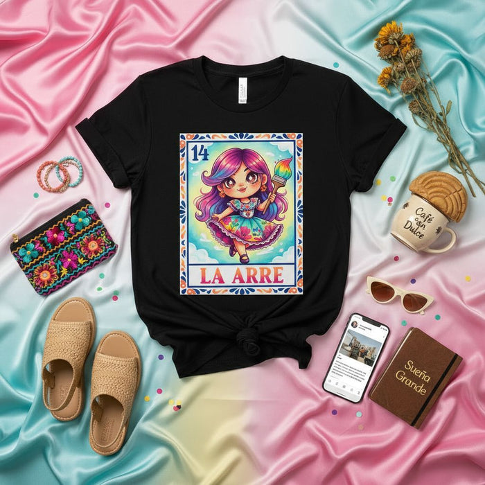LA ARRE Cute Kawaii Artist Girl Loteria Card T-Shirt, Colorful Mexican Bingo Art Tee, Rainbow Hair Creative Painter Graphic Unisex Shirt, Number 14