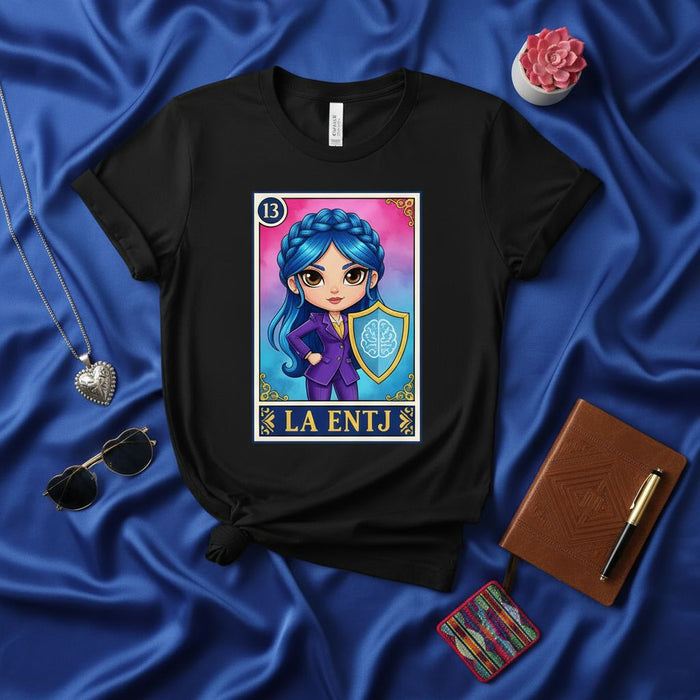 LA ENTJ Lotería Card T-Shirt: Commander Personality MBTI Design, Blue Haired Woman with Brain Shield, Fun Gift for Extroverted Thinkers and Judgers