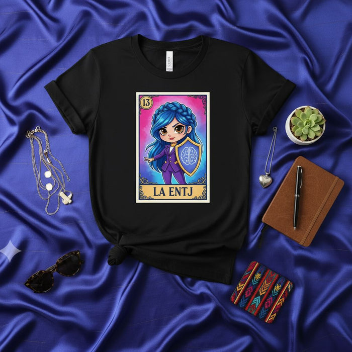 LA ENTJ The Commander Lotería Card T-Shirt, Chibi Girl Blue Hair MBTI Personality Type Shirt, Intellectual Shield Design, Unisex Graphic Tee Gift