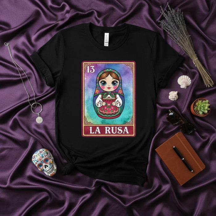 LA RUSA Lotería Card T-Shirt, Matryoshka Doll Mexican Bingo Design Tee, Day of the Dead Sugar Skull Aesthetic Shirt, Unisex Graphic Novelty Gift Top, Number 13 Card Shirt