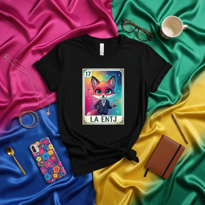 LA ENTJ Cute Fox CEO Lotería Card T-Shirt, MBTI Personality Type Gift Tee, Unisex Graphic Shirt, Entrepreneur Boss Animal Design, Number 17 Kawaii Anime Style
