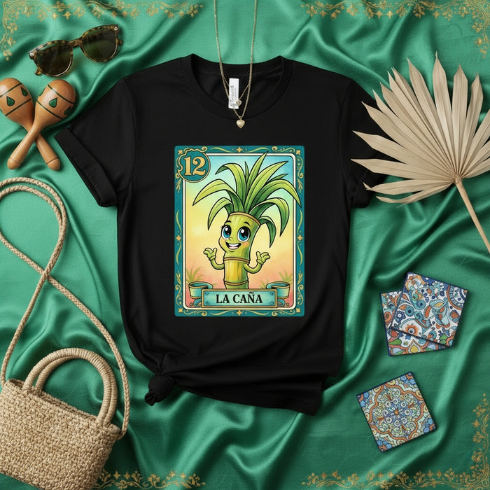 LA CAÑA La Lotería Card Number 12 Sugar Cane Cartoon Character Black Unisex Graphic T-Shirt, Mexican Bingo Game Inspired Apparel, Fun Fiesta Tee Shirt Gift for Him or Her