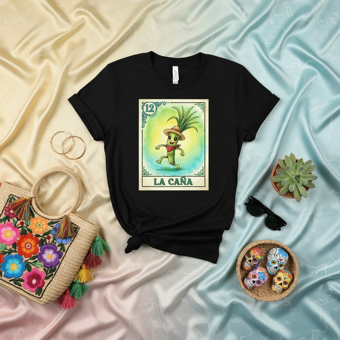 LA CAÑA Loteria Card T-Shirt: Cute Cartoon Sugar Cane Character Art, Mexican Bingo Game Design, Unisex Graphic Tee, Number 12 Traditional Cultural Apparel Gift