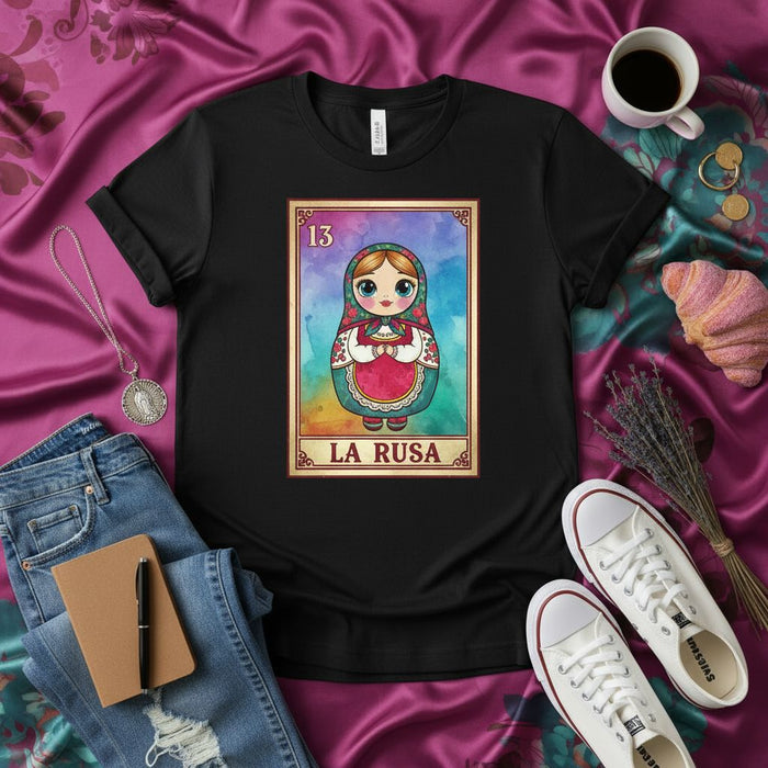 LA RUSA Loteria Card Matryoshka Doll T-Shirt, Traditional Mexican Bingo Game Art, Russian Nesting Doll Design Tee, Unisex Watercolor Style Folk Culture Apparel