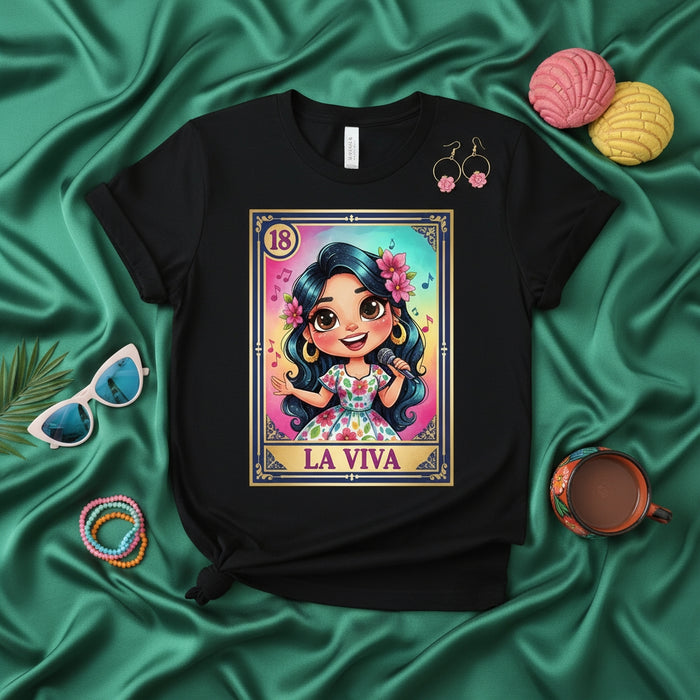 LA VIVA La Loteria Card T-Shirt, Cute Cartoon Girl Singing with Microphone, Mexican Bingo Inspired Graphic Tee, Number 18, Floral Print Dress, Women's Unique Singer Apparel, Unisex Top