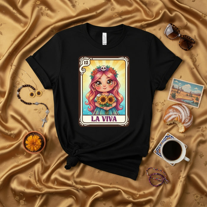 LA VIVA Loteria Card T-Shirt Cute Sugar Skull Flower Crown Day of the Dead Inspired Graphic Tee Unisex Shirt for Women Men Mexican Bingo Style Art Print